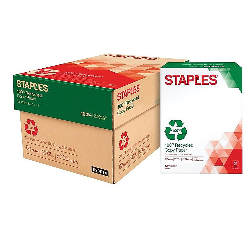 Staples Recycled Copy Paper, 8.5" x 11", 20 lbs., White, 500 Sheets/Ream, 10 Reams/Carton (620014) image 1