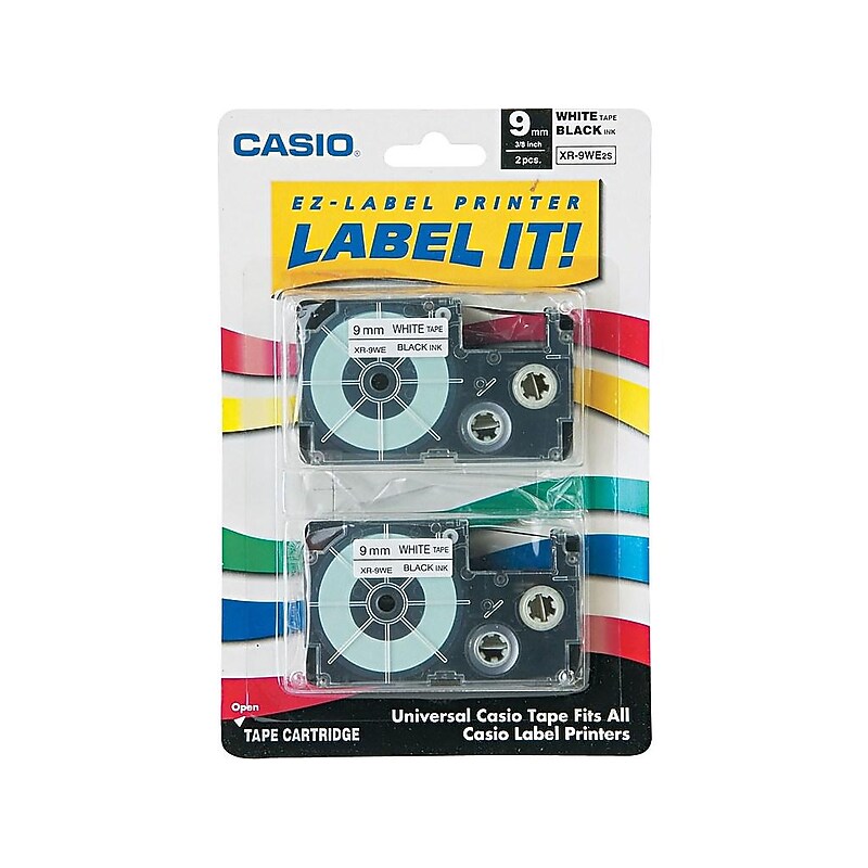 Casio XR-9WE2S Label Maker Tapes, 0.35"W, Black On White, 2/Pack image 1