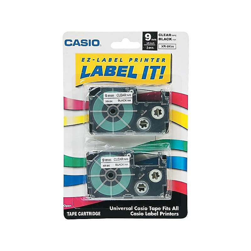 Casio XR-9X2S Label Maker Tapes, 0.35"W, Black On Clear, 2/Pack image 1