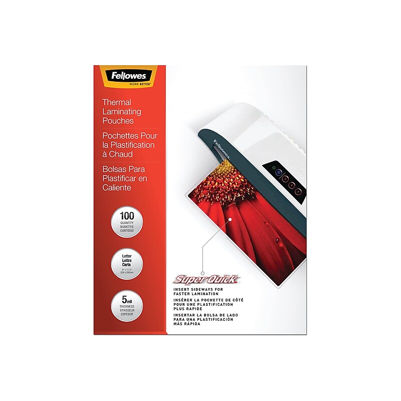 Fellowes SuperQuick Thermal Laminating Pouches, Letter Size, 5 Mil, 100/Pack (5223001) image 1