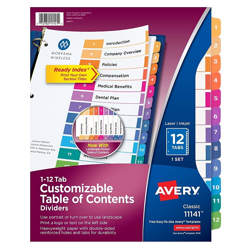 Avery Ready Index Table of Contents Pre-Printed Numeric Paper Divider, 12 Tabs, Multicolor, 1 Set (11141) image 1