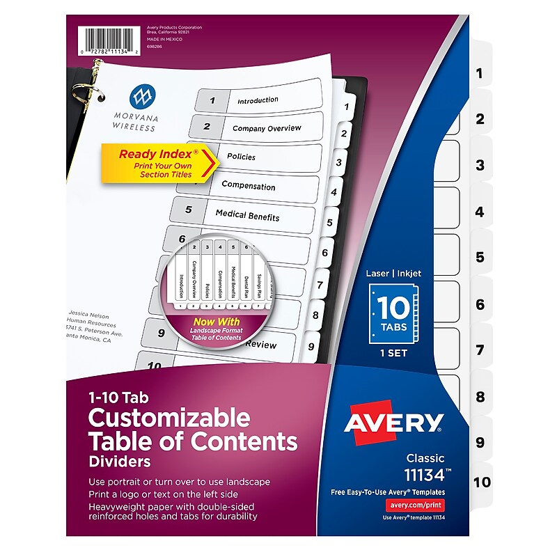 Avery Ready Index Table of Contents Paper Dividers, 1-10 Tabs, White (11134) image 1