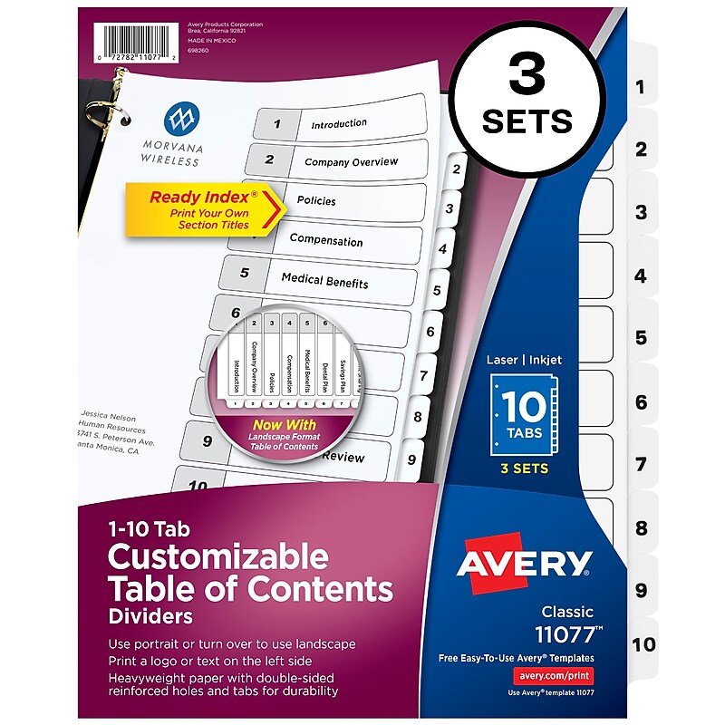 Avery Customizable Table of Contents Divider, 10-Tab, White, 3/Pack (11077) image 1
