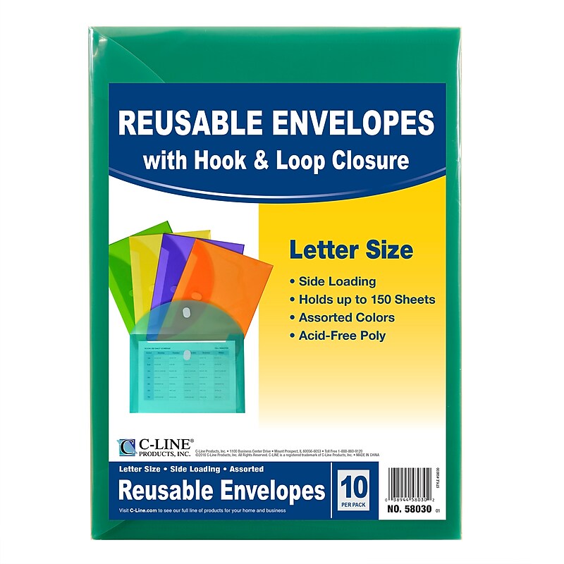 C-Line® XL Reusable Envelopes, Hook and Loop Closure, 8.5 x 11, Assorted Colors, Pack of 10 (CLI58030) image 1