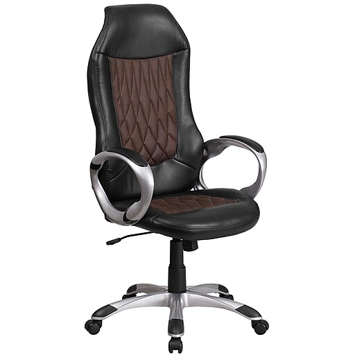 High Back Brown Fabric and Black Vinyl Executive Swivel Office Chair