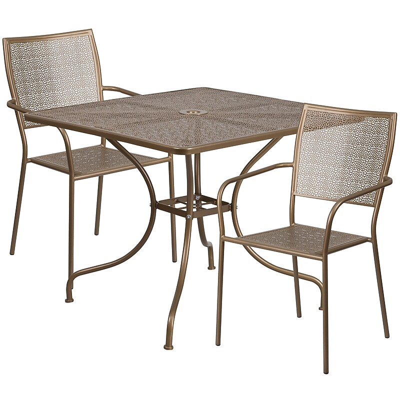 Flash Furniture Oia Indoor-Outdoor 35.5" Square Steel Patio Table Set with 2 Square Back Chairs, Gold (CO35SQ02CHR2GD) image 1