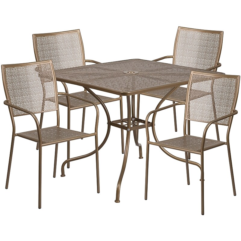 Flash Furniture Oia Indoor-Outdoor 35.5" Square Steel Patio Table Set with 4 Square Back Chairs, Gold (CO35SQ02CHR4GD) image 1