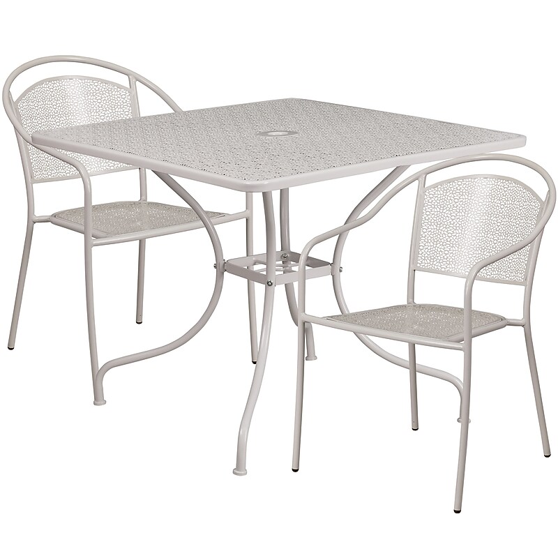 Flash Furniture Oia Indoor-Outdoor 35.5" Square Steel Patio Table Set with 2 Round Back Chairs, Light Gray (CO35SQ03CHR2SV) image 1
