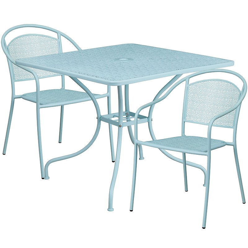 Flash Furniture Oia Indoor-Outdoor 35.5" Square Steel Patio Table Set with 2 Round Back Chairs, Sky Blue (CO35SQ03CHR2SB) image 1