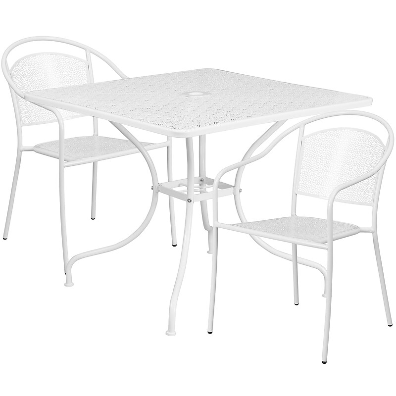 Flash Furniture Oia Indoor-Outdoor 35.5" Square Steel Patio Table Set with 2 Round Back Chairs, White (CO35SQ03CHR2WH) image 1