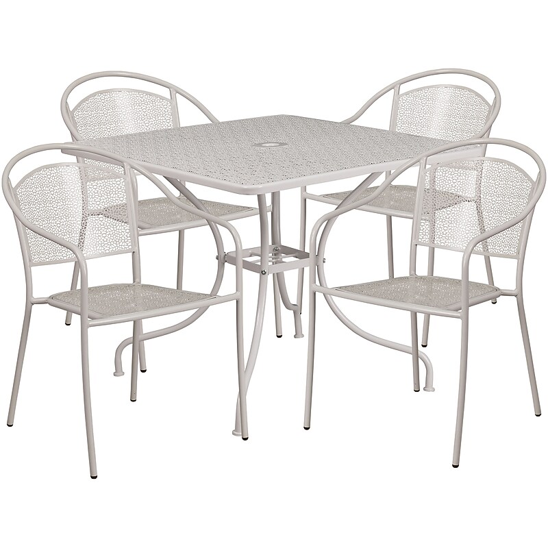 Flash Furniture Oia Indoor-Outdoor 35.5" Square Steel Patio Table Set with 4 Round Back Chairs, Light Gray (CO35SQ03CHR4SV) image 1
