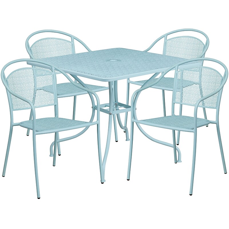 Flash Furniture Oia Indoor-Outdoor 35.5" Square Steel Patio Table Set with 4 Round Back Chairs, Sky Blue (CO35SQ03CHR4SB) image 1
