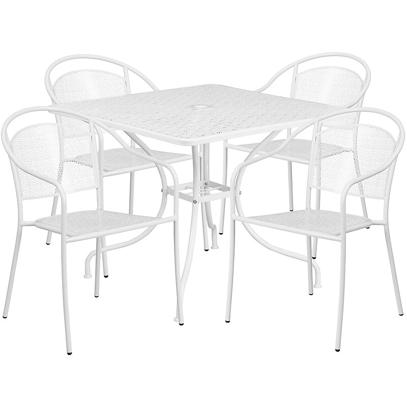 Flash Furniture Oia Indoor-Outdoor 35.5" Square Steel Patio Table Set with 4 Round Back Chairs, White (CO35SQ03CHR4WH) image 1