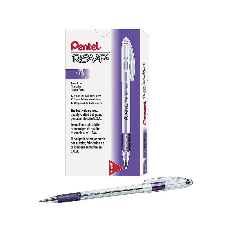 Pentel R.S.V.P. Ballpoint Pens, Fine Point, Purple Ink, Dozen (BK90-V) image 1