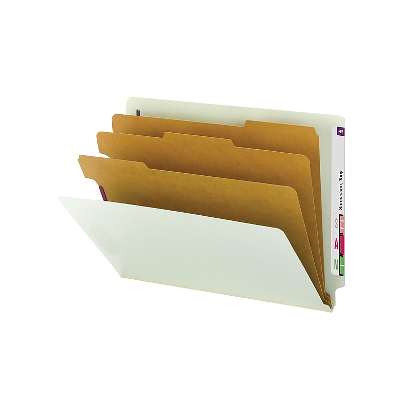 Smead End Tab Pressboard Classification Folders with SafeSHIELD Fasteners, Letter Size, 3 Dividers, Gray/Green, 10/Box (26820) image 1