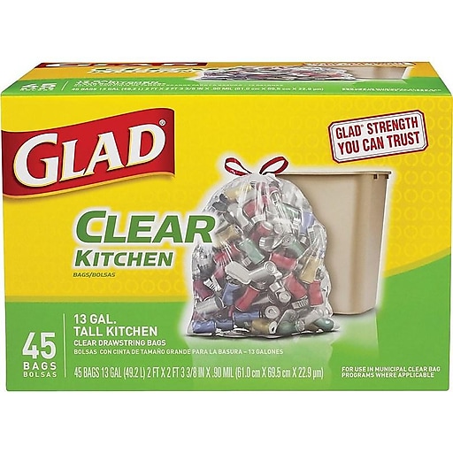 45 Count Glad Tall Kitchen Drawstring Clear Recycling Trash Bags 13 Gallon