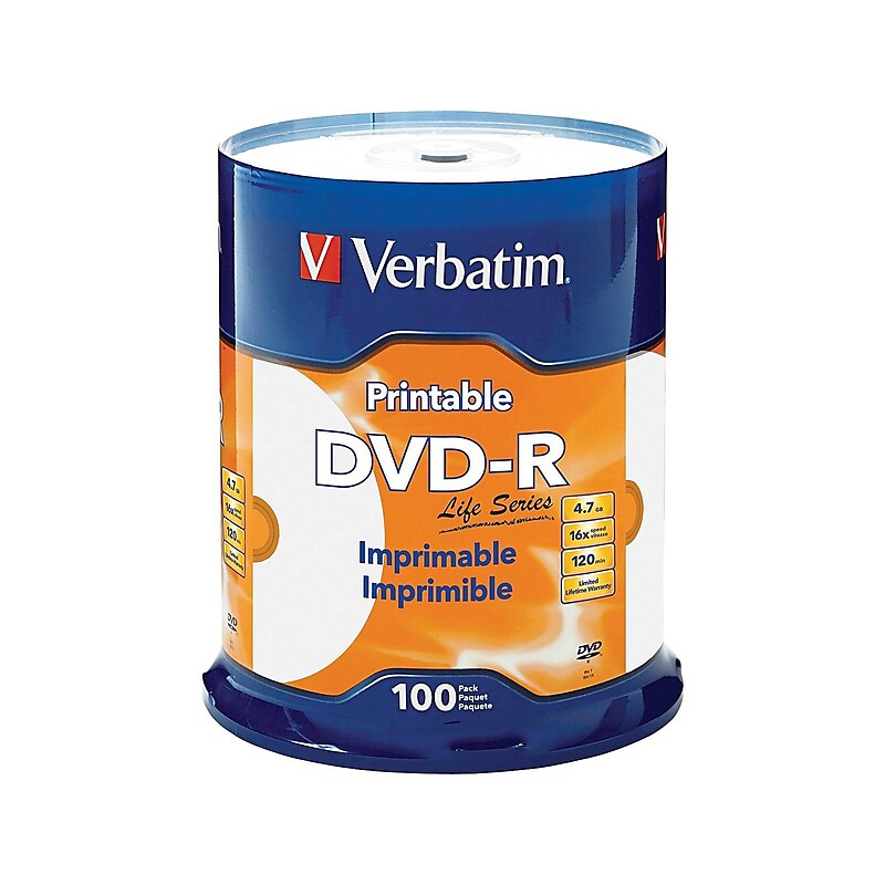 Verbatim Life Series 98491 16x DVD-R, White Inkjet Printable, Hub Printable, 100/Pack image 1