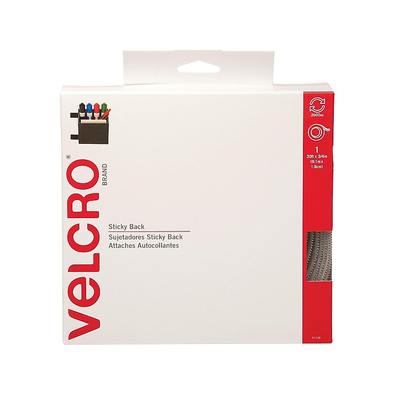 Velcro 0.75"W x 360"L Sticky Back Hook & Loop Fastener, White, Roll (91138) image 1