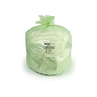BioTuf 12-13 Gallon Compostable Industrial Trash Bag, 24" x 32", Low Density, 1 Mil, Green, 200 Bags/Box, 8 Rolls (Y4832YE R01)