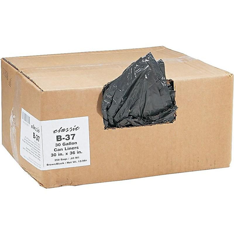 Berry Global Classic 30 Gallon Industrial Trash Bag, 30" x 36", Low Density, 0.6 mil, Black, 250 Bags/Box (WEBB37-790162) image 1