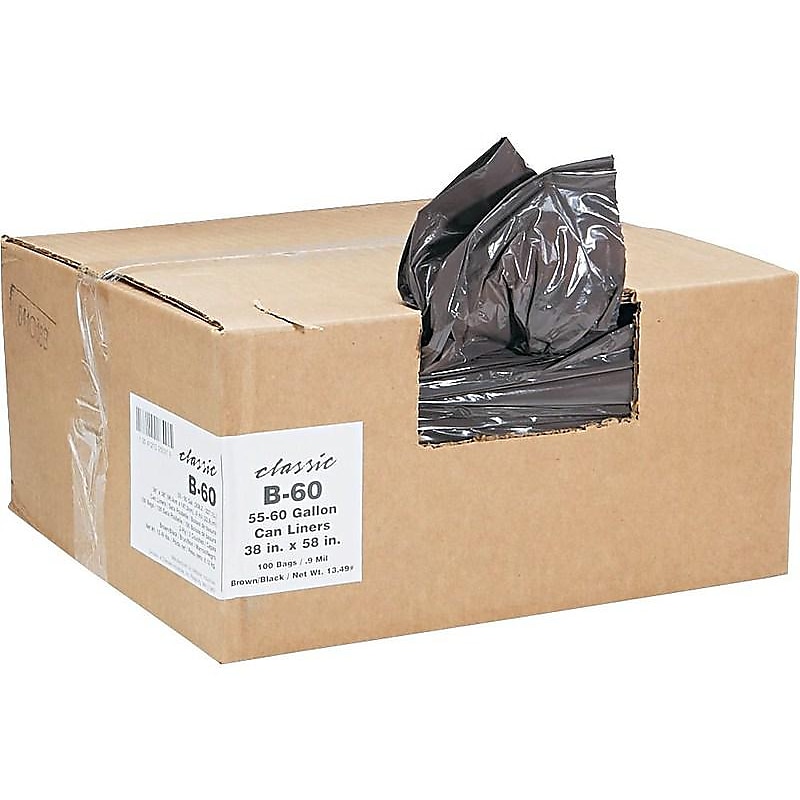Berry Global Classic 60 Gallon Industrial Trash Bag, 38" x 58", Low Density, 0.9mil, Black, 100 Bags/Box (WEBB60-790196) image 1