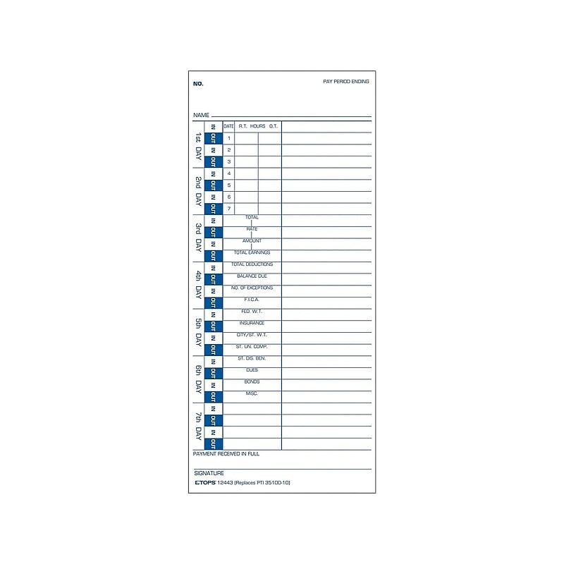 TOPS Time Cards for Pyramid M3500 and 3700 Time Clocks, 100/Pack (TOP 12443) image 1