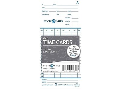 Pyramid Time Cards For 2600, 2650, 2650Pro, 6200 And 6400 Time Clocks 100 Pack 42415
