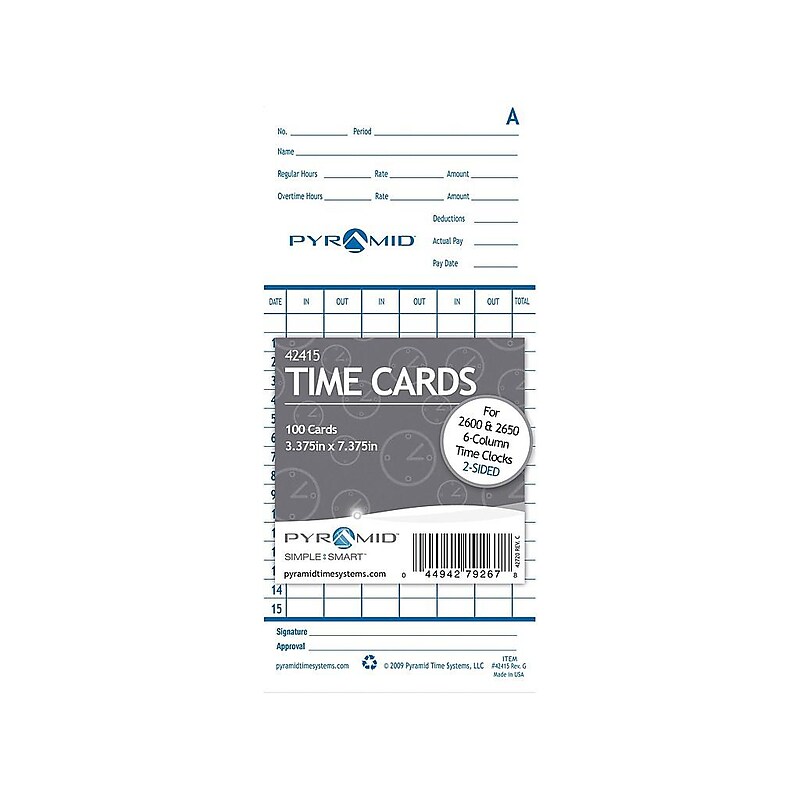 Pyramid Time Cards for 2600, 2650, 2650Pro, 6200 and 6400 Time Clocks, 100/Pack (42415) image 1