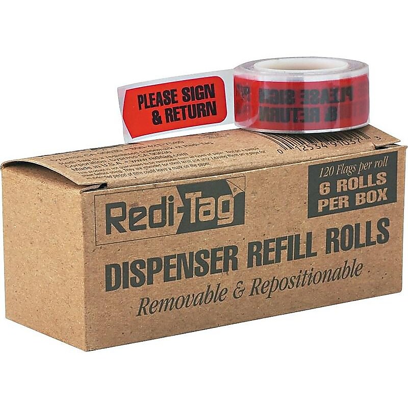 Redi-Tag Printed Arrows Flags, 'PLEASE SIGN & RETURN', Red, 9/16" x 2", 120/Roll, 6 Rolls/Pack (91037) image 1
