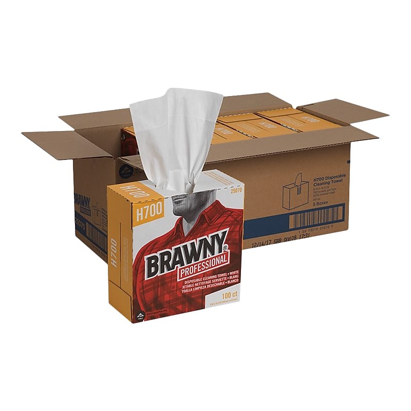 Brawny Professional Heavy Duty Durable Fibers Cleaning Wipers, 9.1", White, 100 Wipers/Box, 5/Carton (25070) image 1