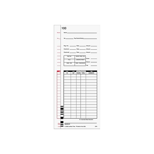 Lathem Time Cards for 7000E and 7500E Time Clocks, 100/Pack (E79100