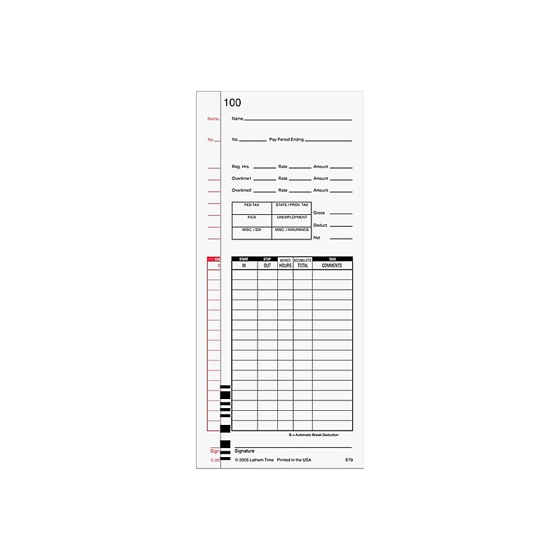 Lathem Time Cards for 7000E and 7500E Time Clocks, 100/Pack (E79-100) image 1
