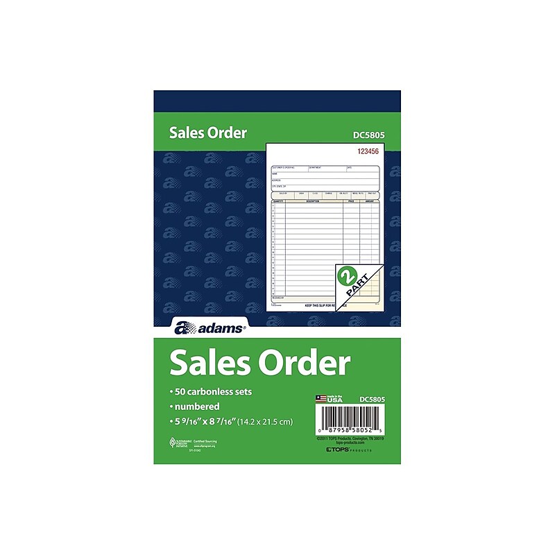 Adams 2-Part Carbonless Sales Orders, 8.44"L x 5.56"W, 50 Sets/Book (DC5805) image 1