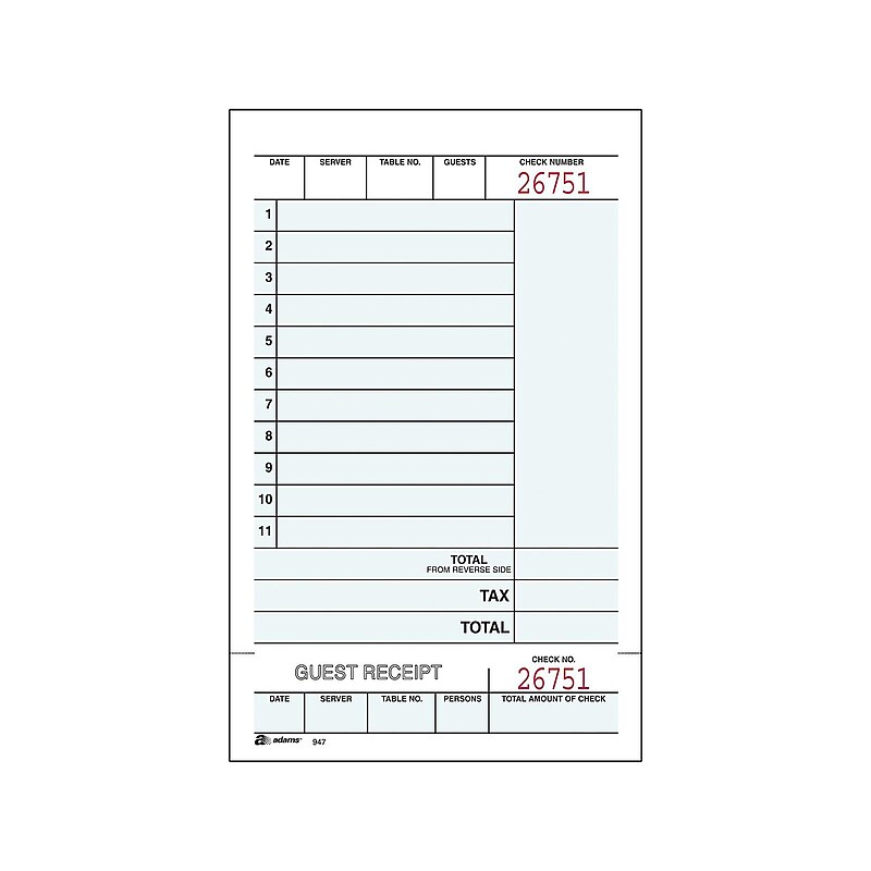 Adams 2-Part Carbonless Guest Checks, 4.25"L x 7.25"W, 250 Sets/Book (947SWC) image 1