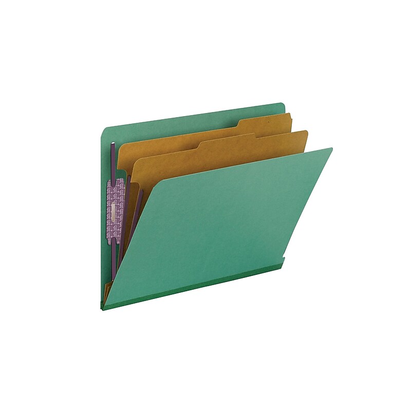 Smead End Tab Pressboard Classification Folders with SafeSHIELD Fasteners, Letter Size, Green, 10/Box (26785) image 1
