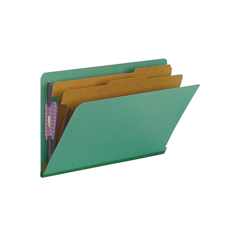 Smead End Tab Pressboard Classification Folders with SafeSHIELD Fasteners, Legal Size, Green, 10/Box (29785) image 1