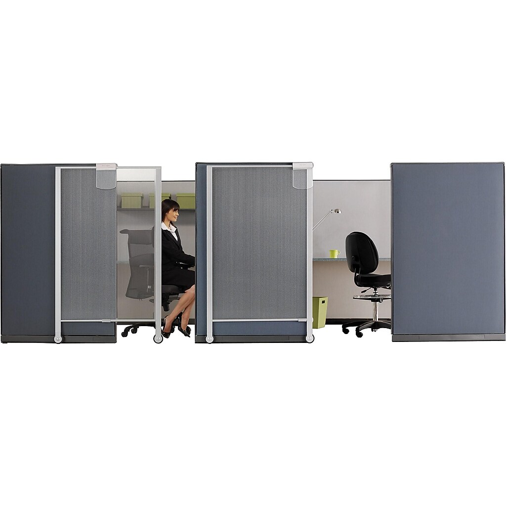Office privacy screens arranged in a row with chairs