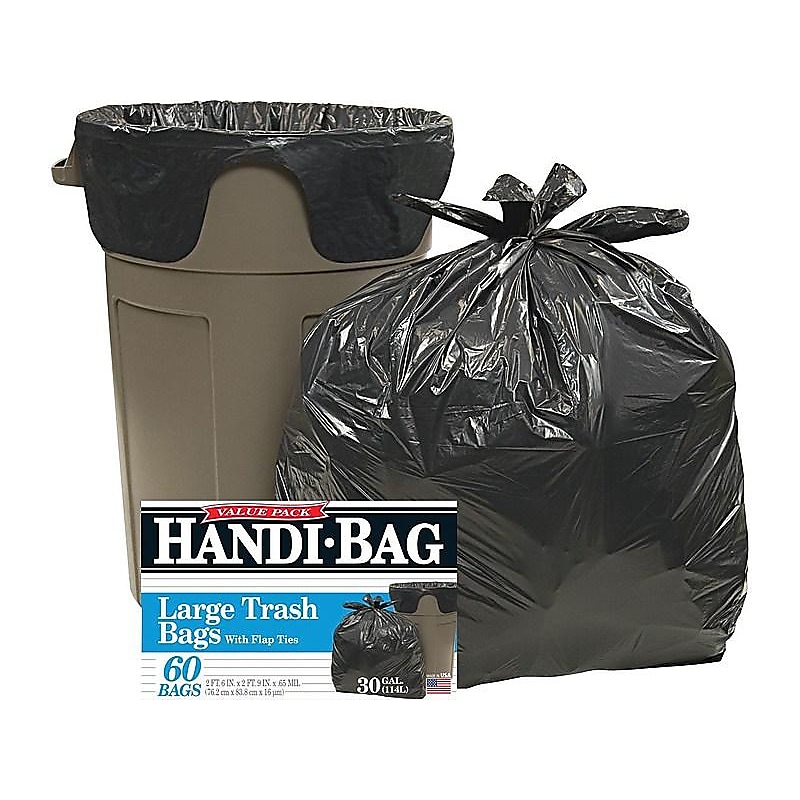 Berry Global Handi-Bag 30 Gallon Industrial Trash Bag, 30" x 33", Low Density, 0.65 mil, Black, 60 Bags/Box (HAB6FT60) image 1