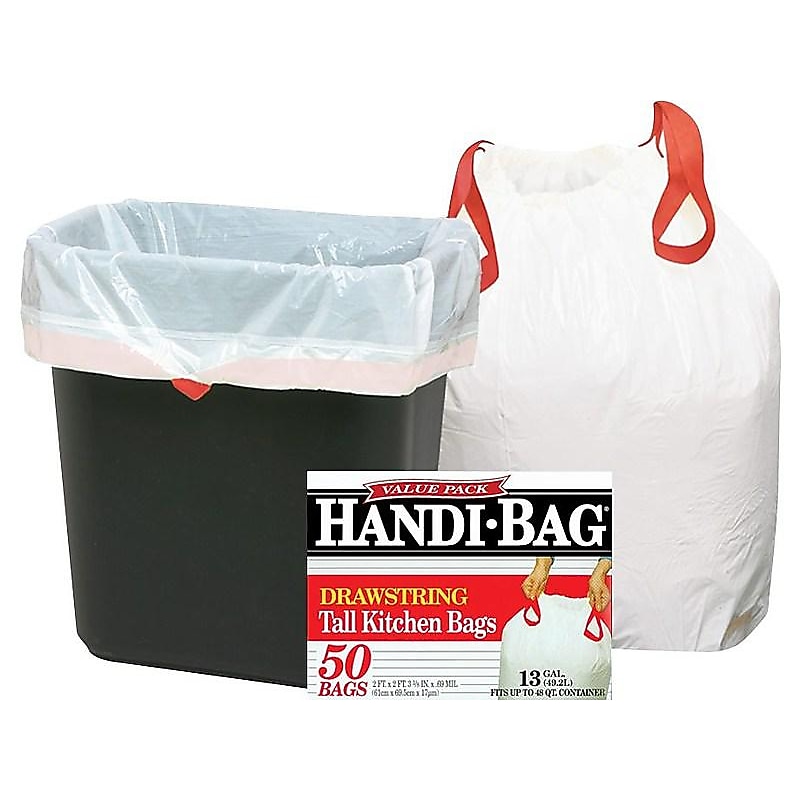 Berry Global Handi-Bag 13 Gallon Trash Bag, 24" x 27.38", Low Density, 0.6 mil, White, 50 Bags/Box (HAB6DK50) image 1