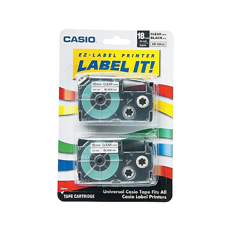 Casio XR-18X2S Label Maker Tapes, 0.71"W, Black On Clear, 2/Pack image 1
