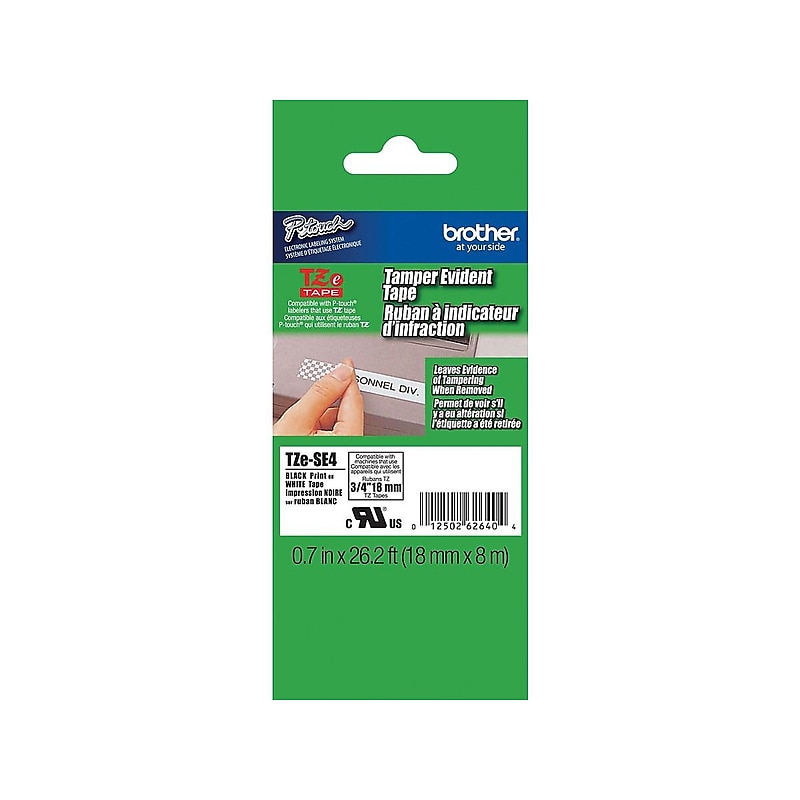 Brother P-touch TZe-SE4 Laminated Tamper Evident Label Maker Tape, 3/4" x 26-2/10', Black on White (TZe-SE4) image 1