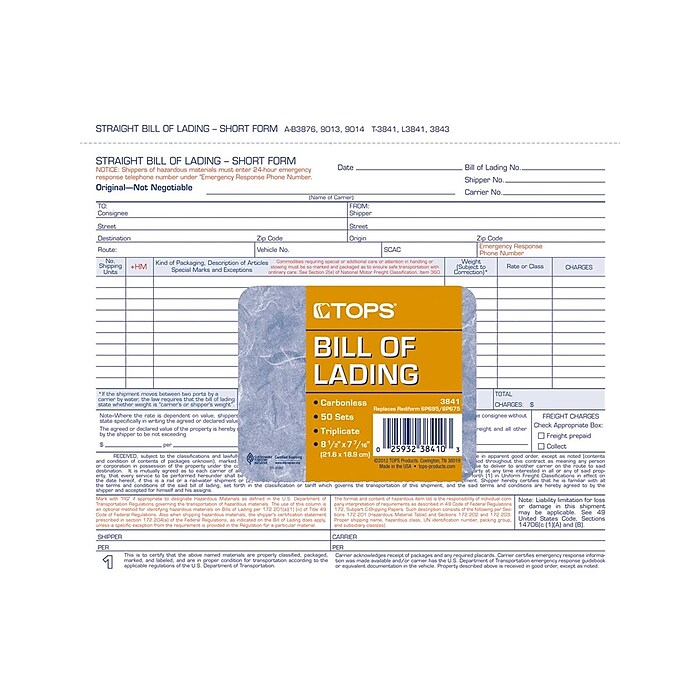 TOPS 3-Part Carbonless Bill of Lading, 8.5
