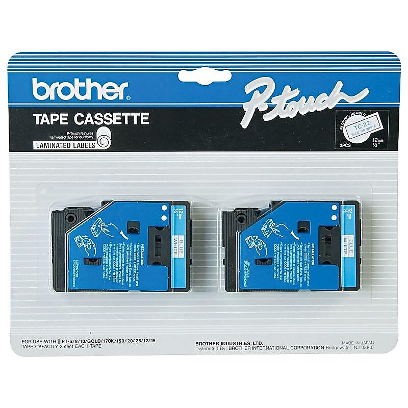 Brother P-touch TC-22 Laminated Label Maker Tape, 1/2" x 25-2/10', Blue on White, 2/Pack (TC-22) image 1