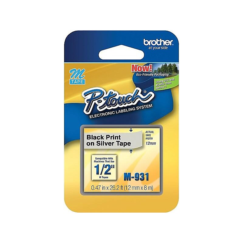 Brother P-touch M-931 Label Maker Tape, 1/2" x 26-2/10', Black on Silver (M-931) image 1