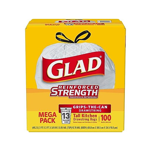 Glad Tall Kitchen Drawstring Trash Bags 13 Gallon, 100 Bags/Box, White