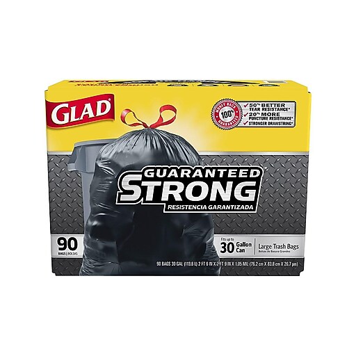 Glad® Drawstring Trash Bags, Black, 30 Gallon, 90 Bags/Box Staples