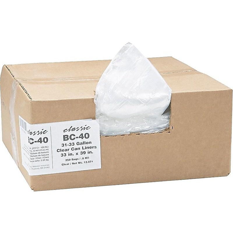 Berry Global Classic 33 Gallon Industrial Trash Bag, 33" x 39", Low Density, 0.6 mil, Clear, 250 Bags/Box (WEBBC40-538942) image 1