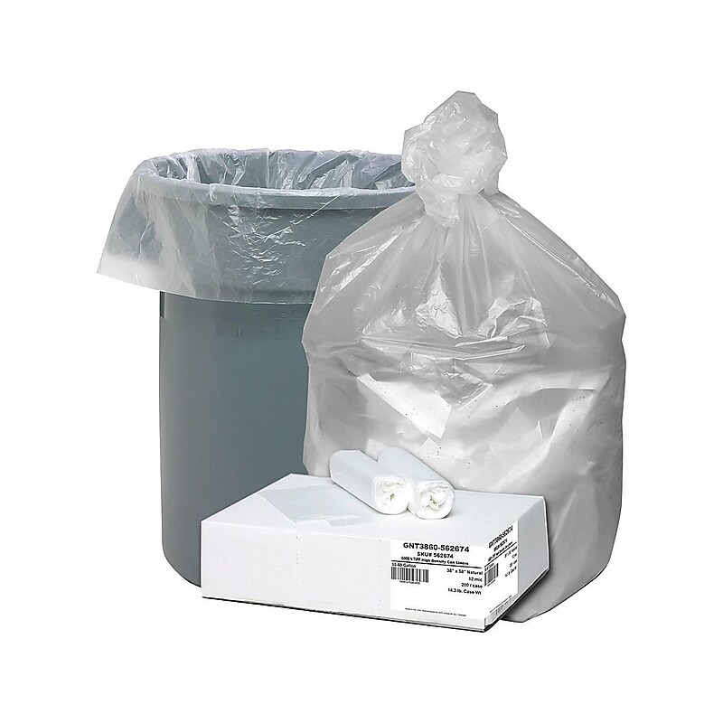 Berry Global Good'nTuff 60 Gallon Industrial Trash Bag, 38" x 58", High Density, 12 mic, Natural, 200 Bags/Box (GNT3860) image 1