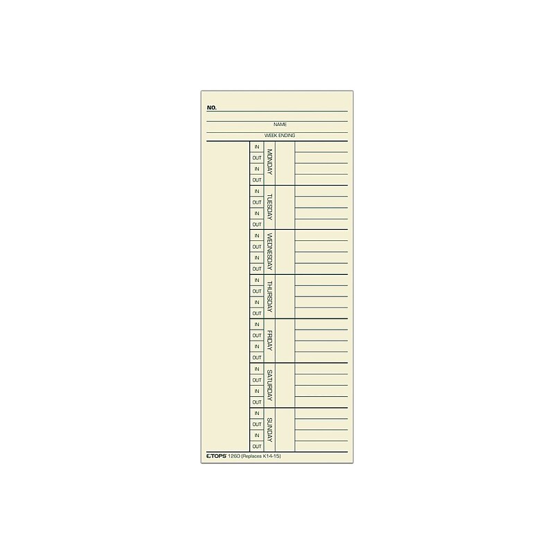 TOPS Time Cards for Acroprint 125, 150, 175, ES700, ES900, ESP180, Amano PIX, TCX Series Time Clock, 500/Box (1260) image 1