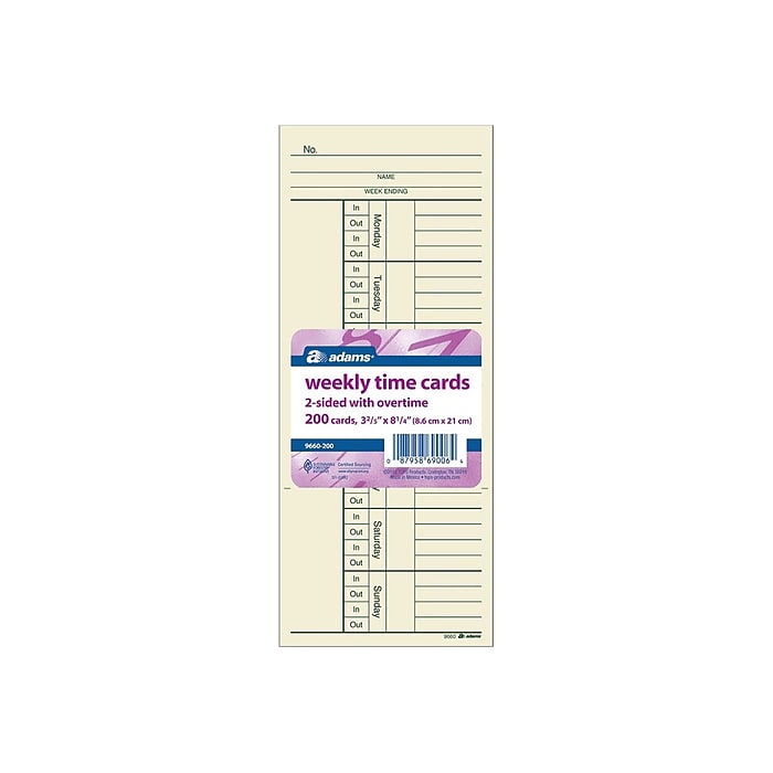 Adams Time Cards for Acroprint 125, ES700, ES900, ESP180 Time
